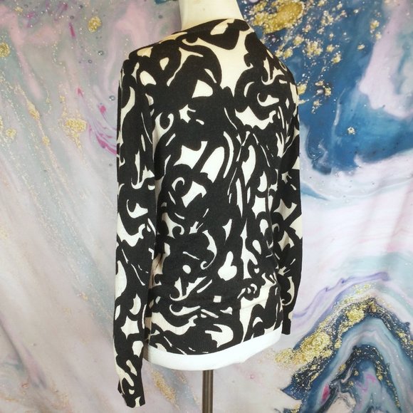 J. CREW off-white + black graphic swirly print Cashmere button Cardigan Sweater - Picture 6 of 11